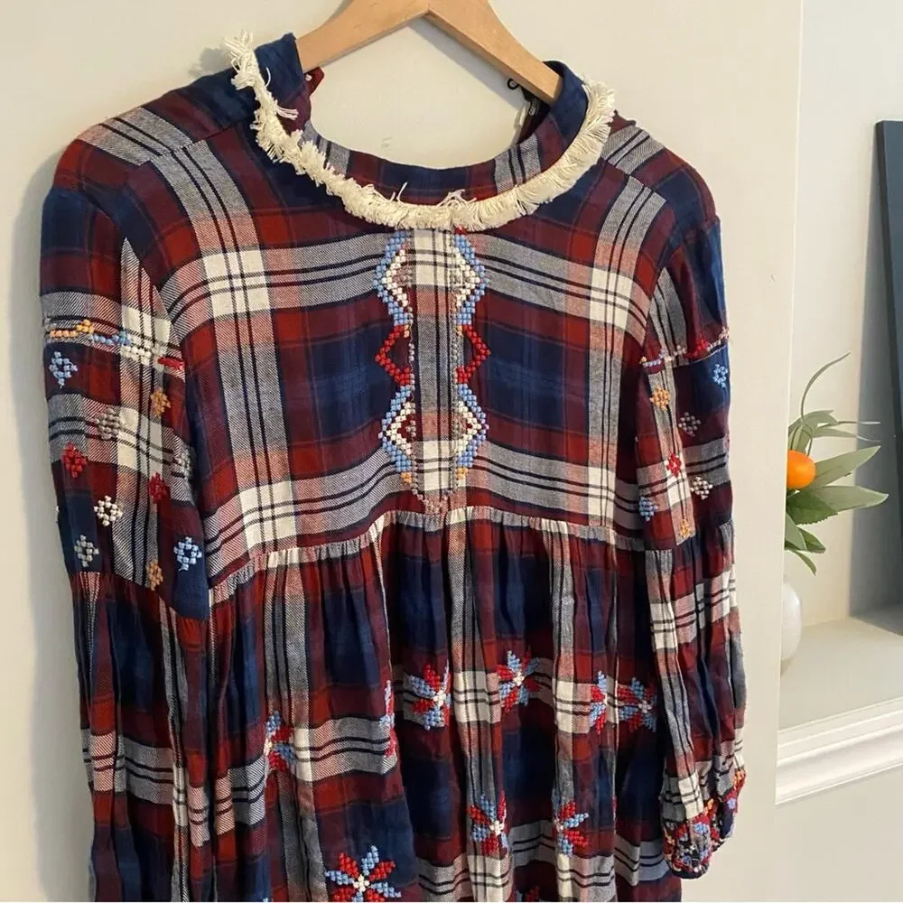 Hemant & Nandita Blue Red Floral Plaid Mini Dress XS